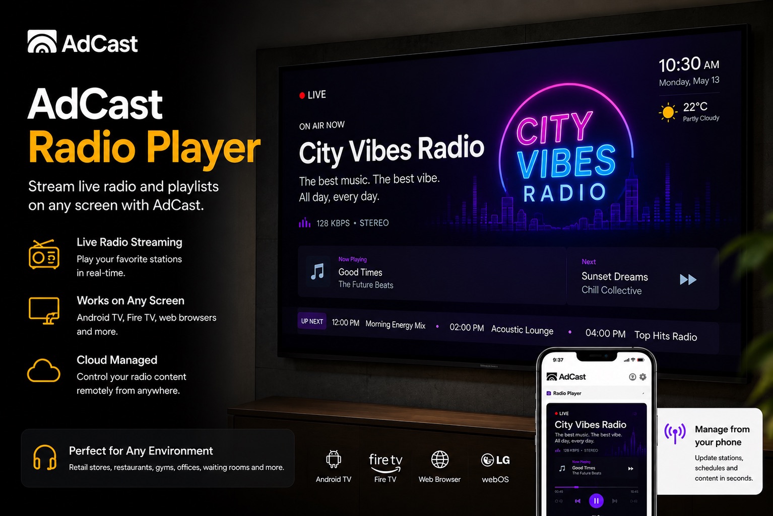 AdCast Player running digital signage ads with background radio playback