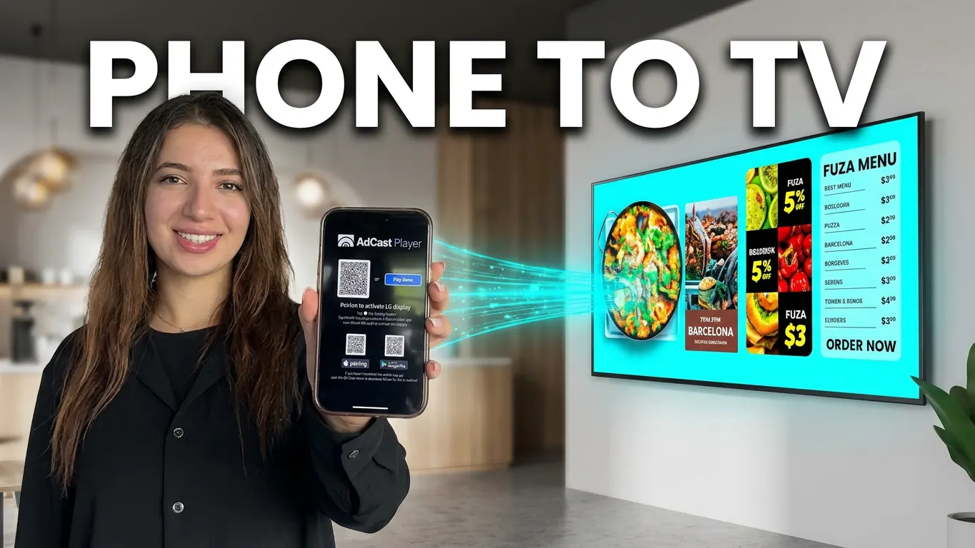 AdCast digital signage demo showing content cast from a phone to a TV